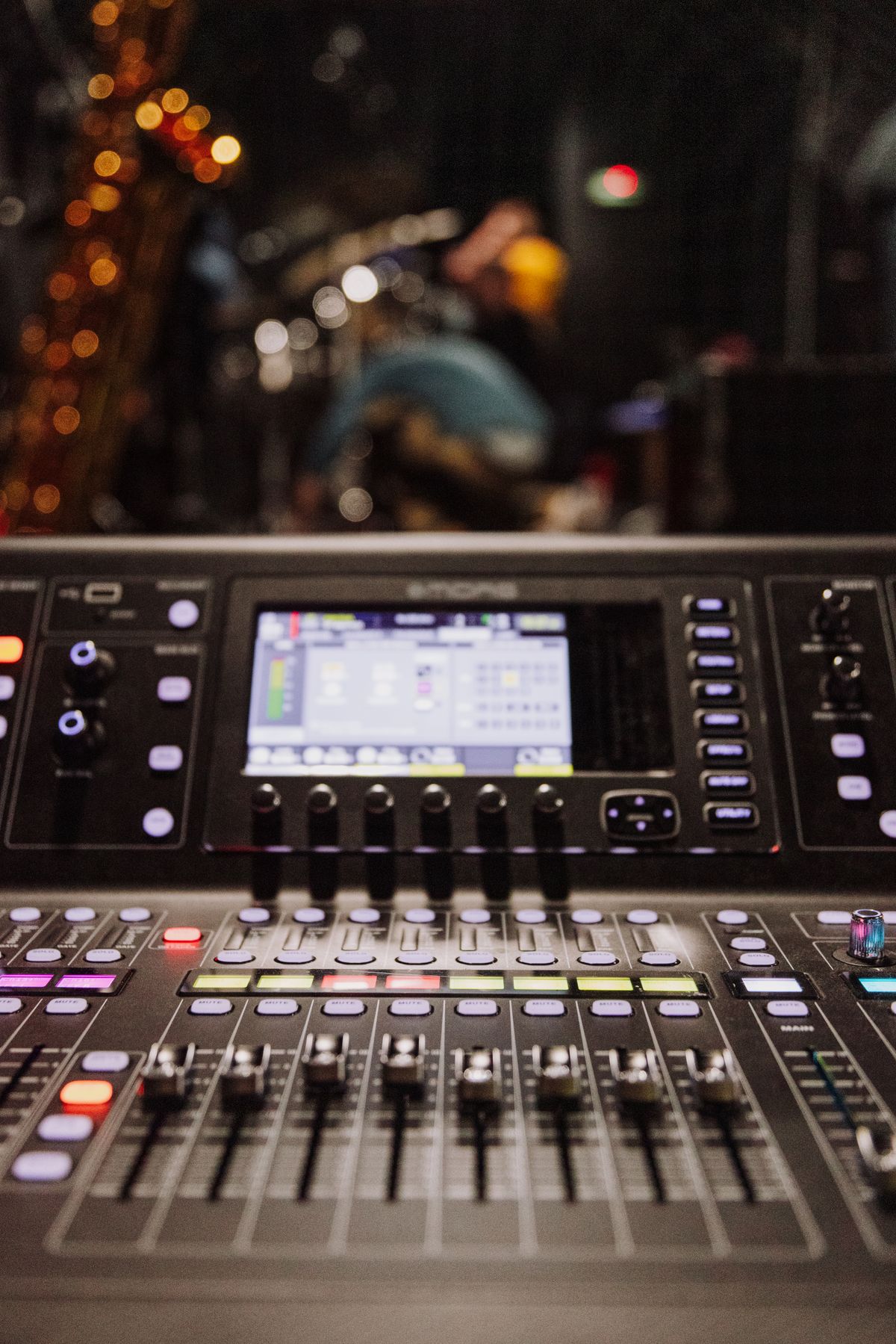 Close-up of a music production console